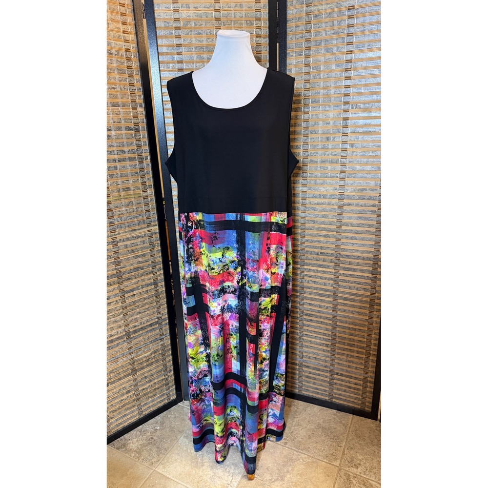 CJ Banks Maxi Dress Women 2X Black Multi Abstract Sleeveless Summer Casual Boho